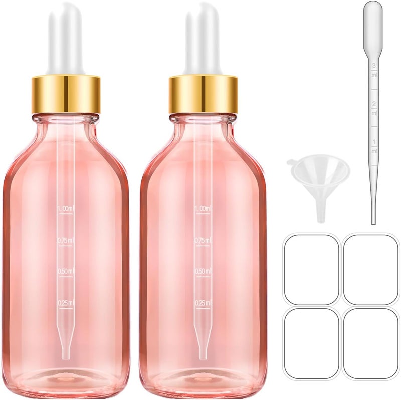 Bumobum Glass Bottle with Dropper, 4 oz Pink Tincture Bottle for Essential Oils with Labels and Funnels, 2 Pack Eye Dropper Bottles with Golden Top (Unbreakable Plastic Eye Dropper with Measurements) - Image 1